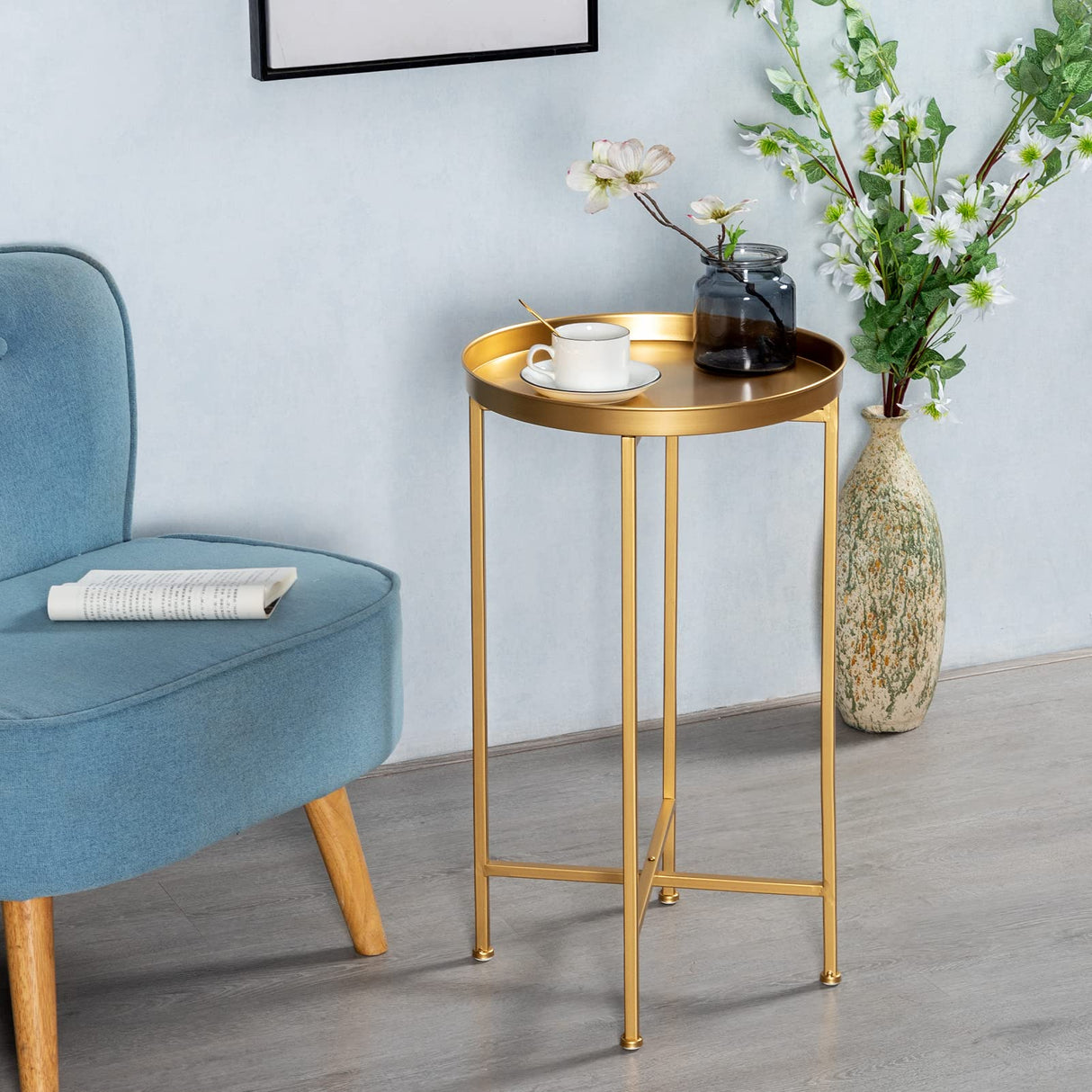 Small Round Metal Waterproof End Table, Accent Indoor&Outdoor Coffee Side Table