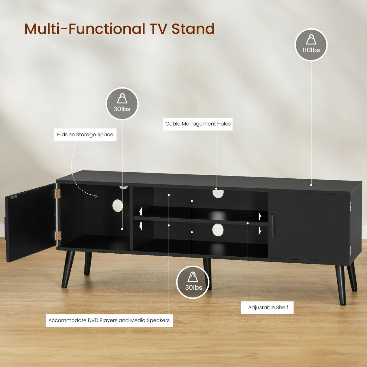 TV Stand for 55 inch TV, Entertainment Center with Storage and Open Shelves,
