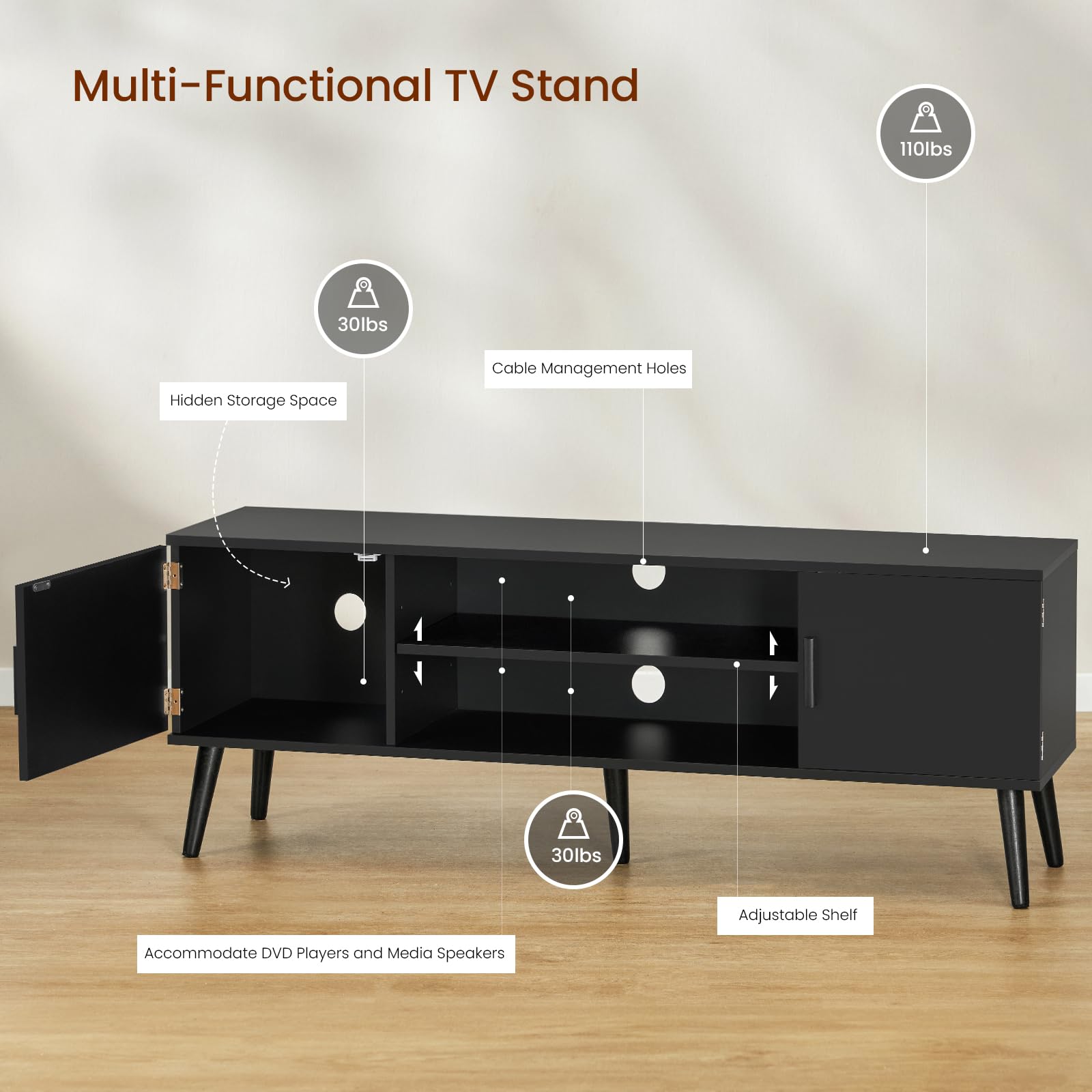 TV Stand for 55 inch TV, Entertainment Center with Storage and Open Shelves,