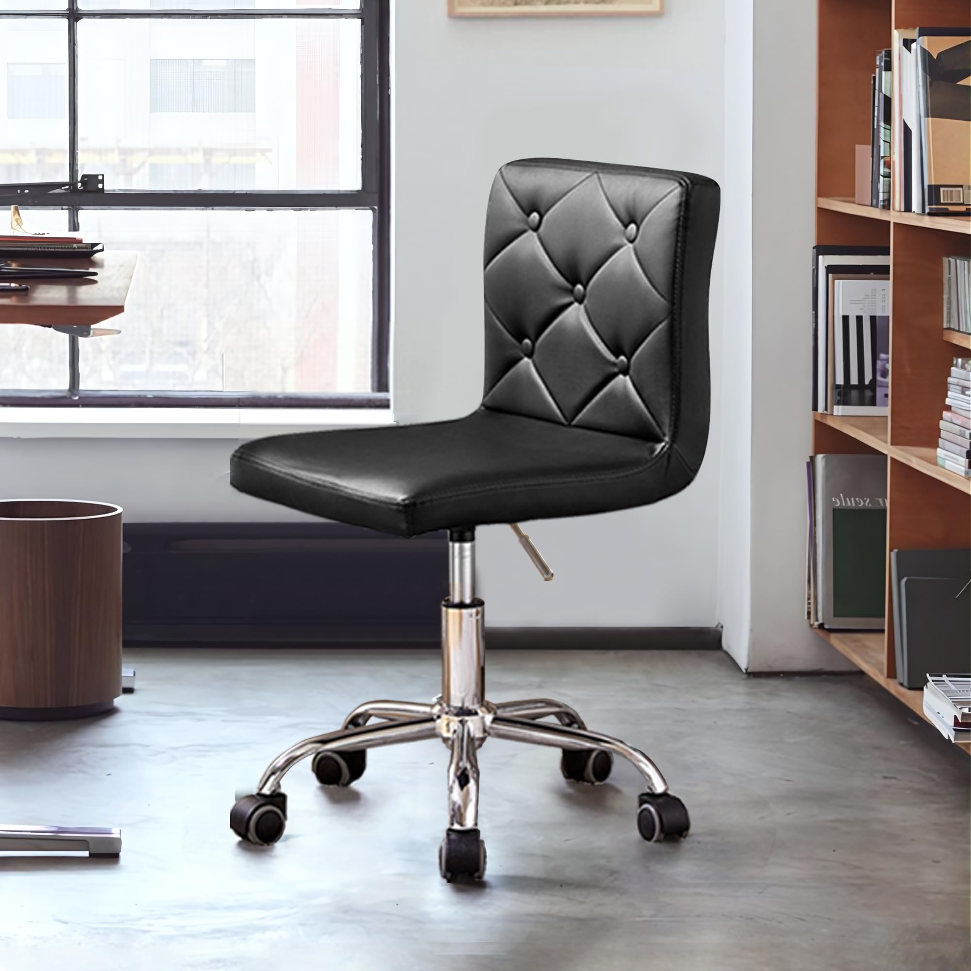 Leather Mid-Back Armless Desk Chair Adjustable Height 360° Rolling Swivel for Home