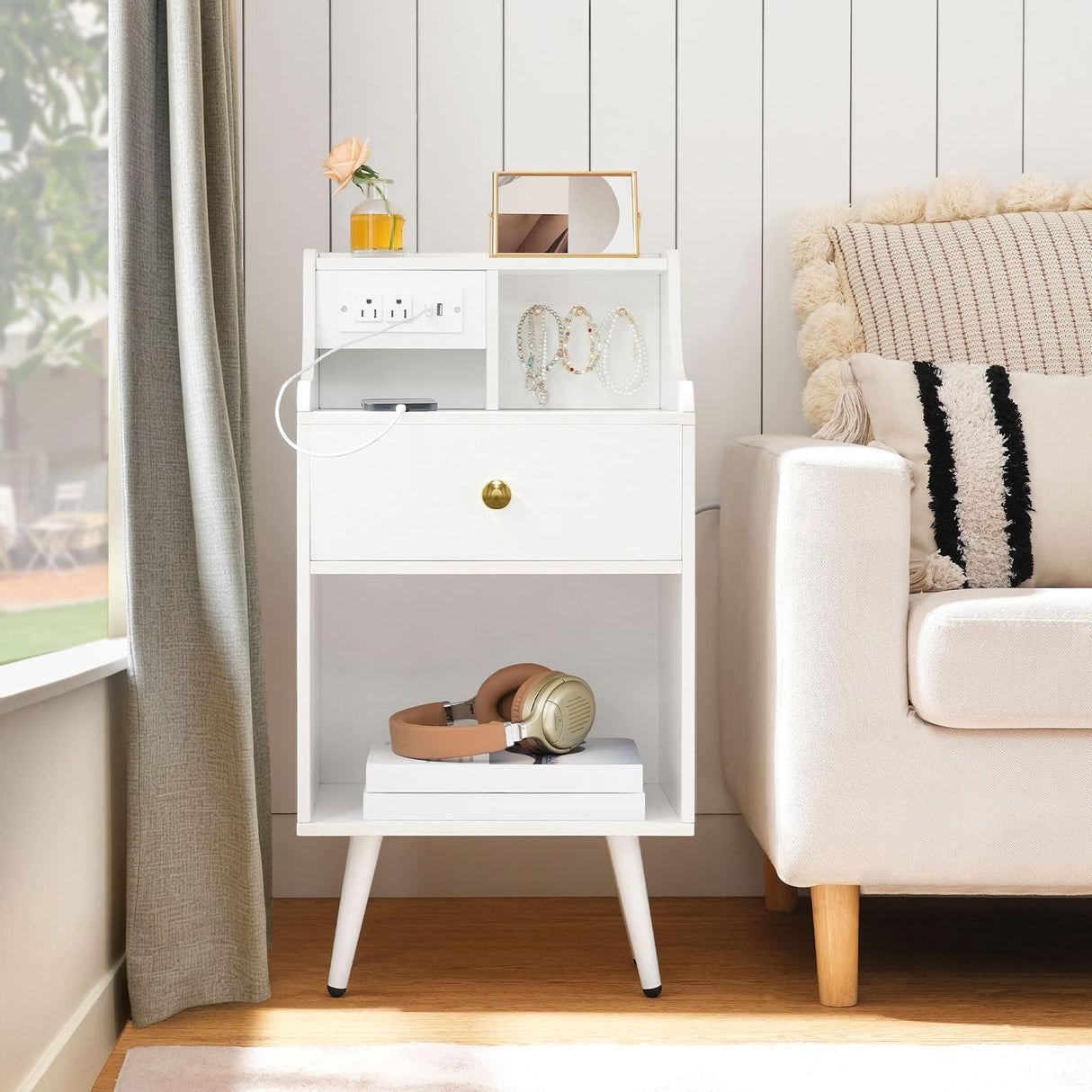 Nightstand with Charging Station and LED Light, Bedside Table with Fabric Drawer