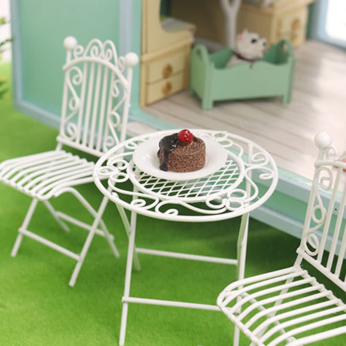 White Metal Bistro Set - 1/12 Scale Miniature Table and Chairs for Dollhouse & Fairy Garden