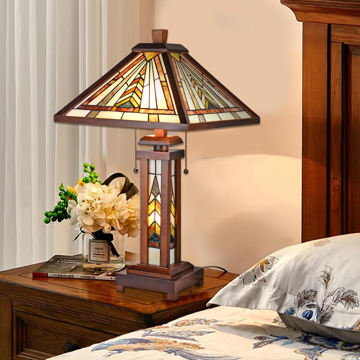 Capulina Tiffany Lamp Stained Glass Table Lamp 3-Light 15X15X26 Inches Wooden Base Mission Brown Tiffany Style Desk Lamp with Night Light Decor for Home Office Living Room Bedroom