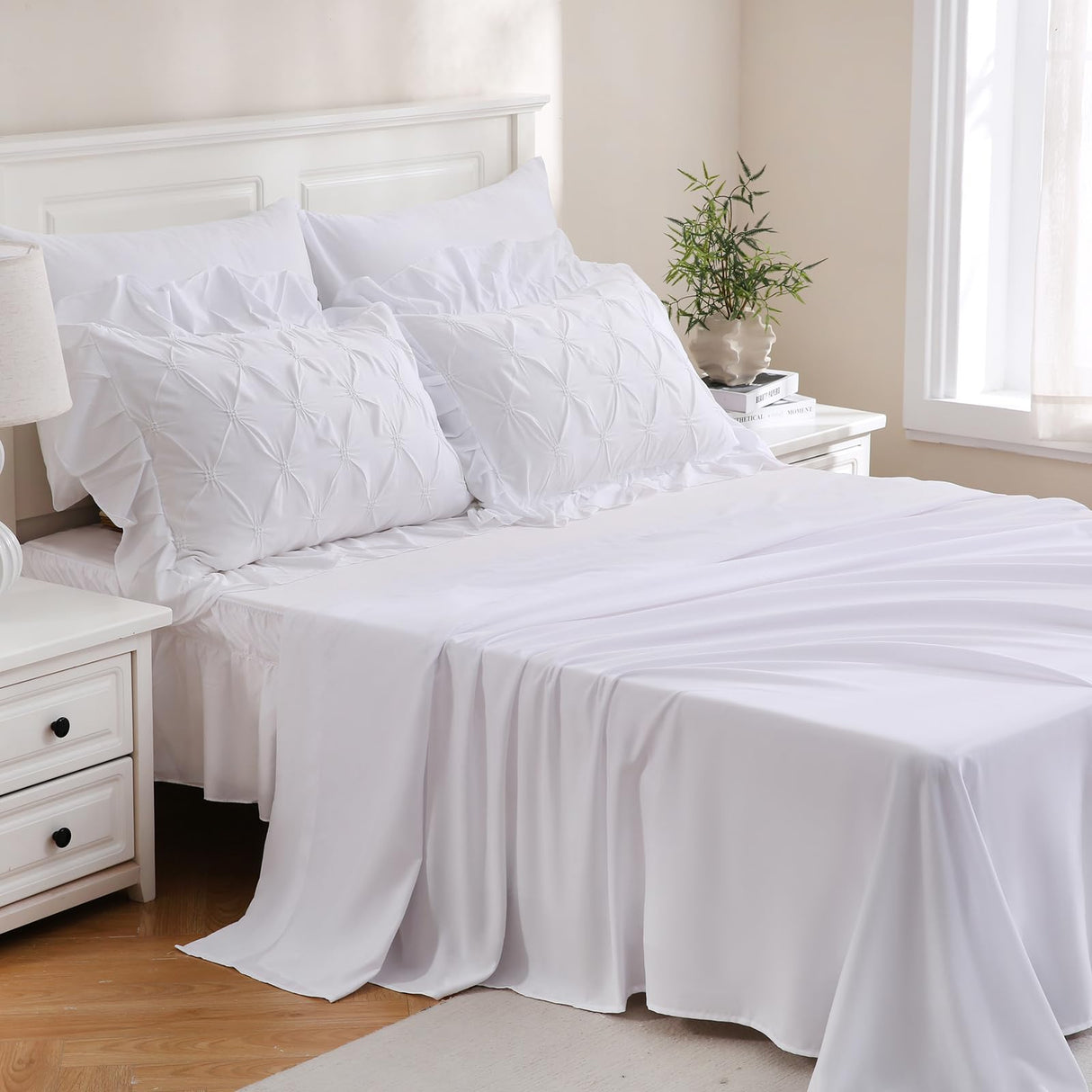 Pinch Pleated Comforter Bed in A Bag Queen 10 Pieces White Ruffled Comforter Set Pintuck Bedding Set