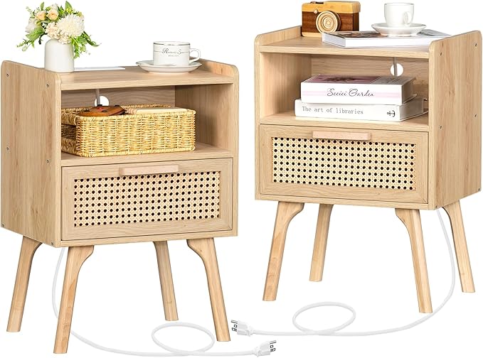 Rattan Nightstands Set of 2 with Charging Station