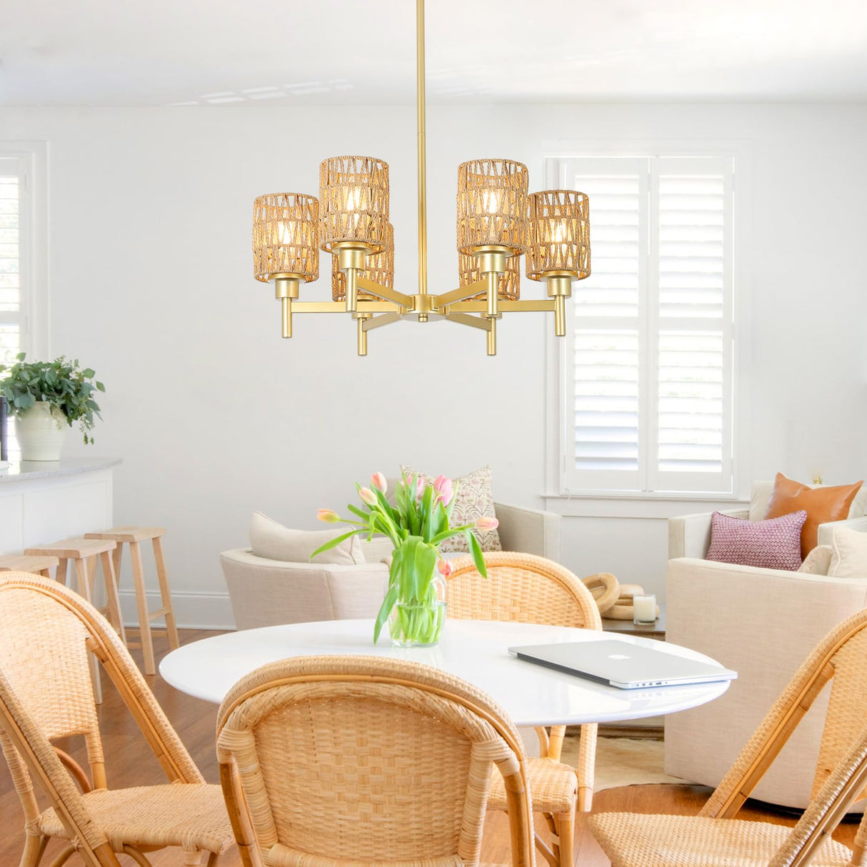 6-Lights Gold Chandelier Light Fixture - Boho Rattan Chandeliers for Dining Room, Farmhouse Kitchen Lighting Fixtures Ceiling, Hanging Pendant lights for Kitchen Island Bedroom Living Room Nursery