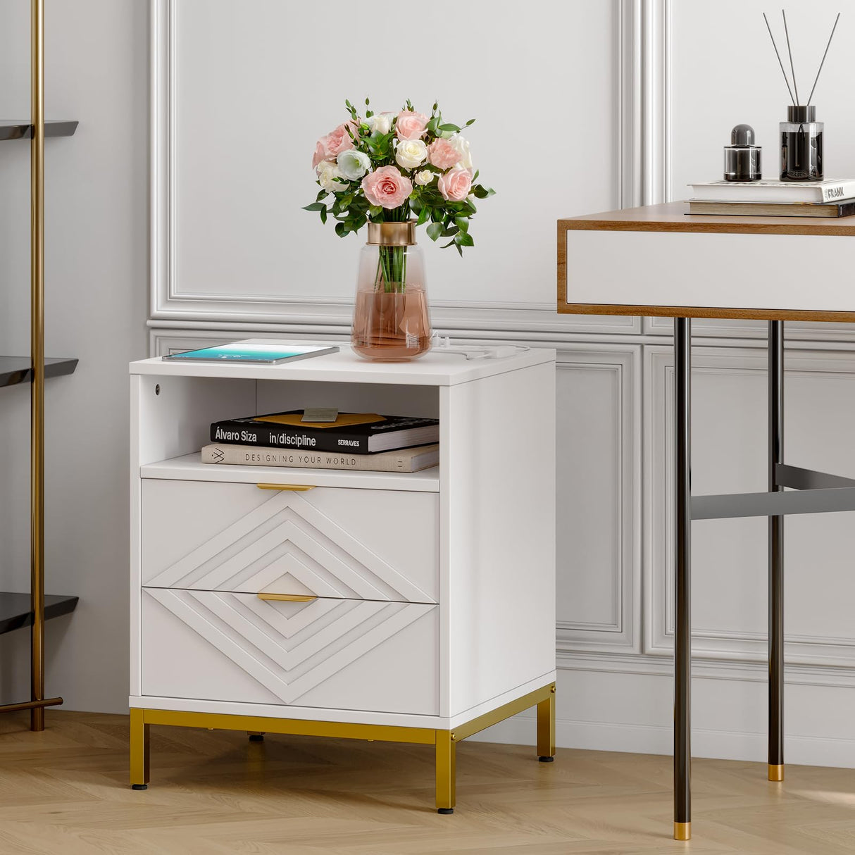 Nightstand, Modern Side Table, End Table with Charging Station and LED Lights, Bedside