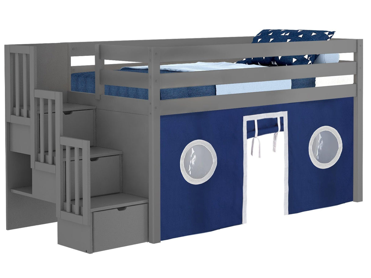 Contemporary Low Loft Twin Bed with a 3 Drawer Stairway, Gray with Blue & White Tent