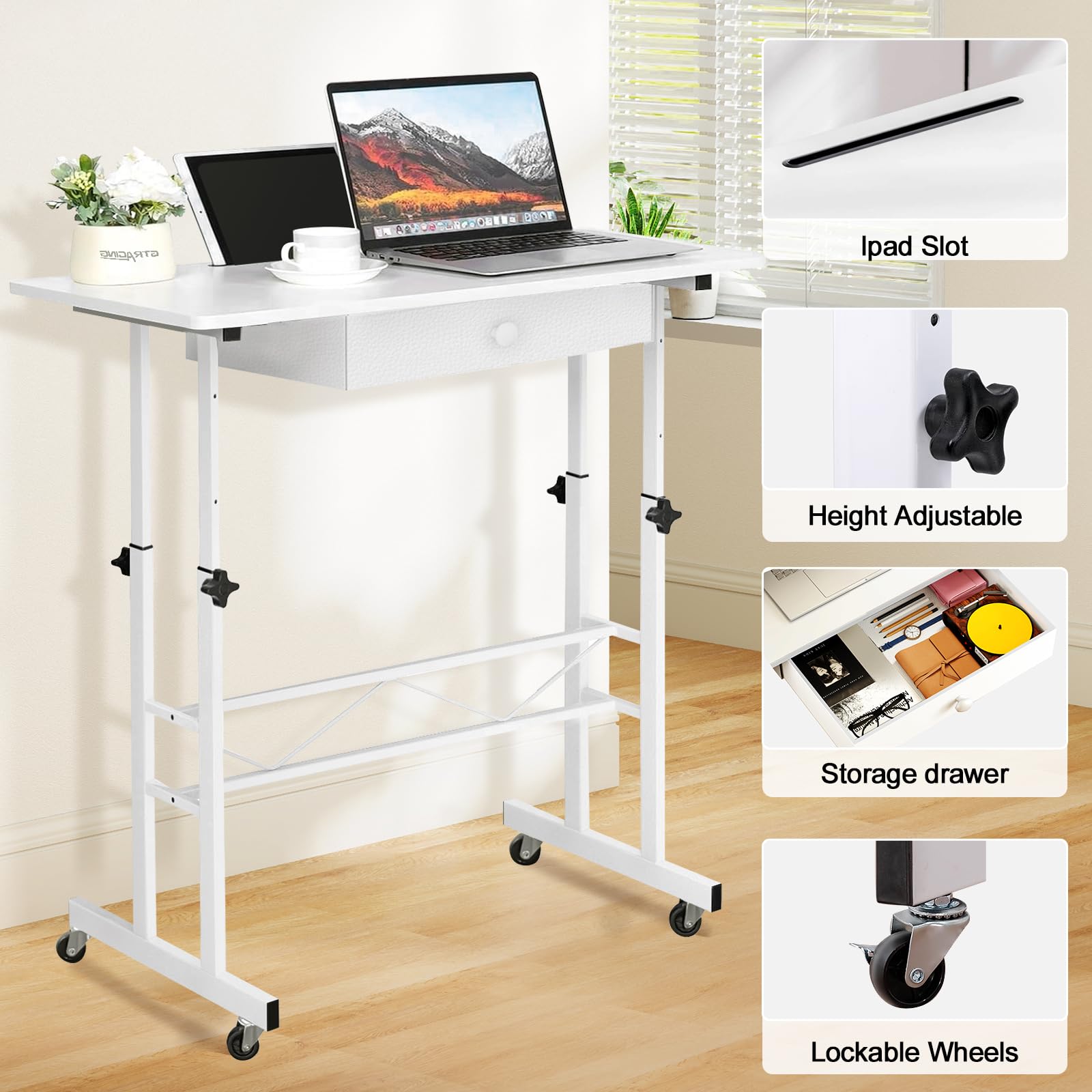 GTRACING Small Standing Desk Adjustable Height Small Computer Desks Mobile Portable Rolling Laptop Table with Wheels 32" Sit Stand Desk Portable Desk Standing Table Treadmill desks