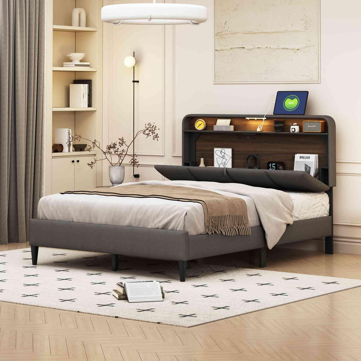 Upholstered Full Size Platform Bed with Storage Headboard and Charging Station