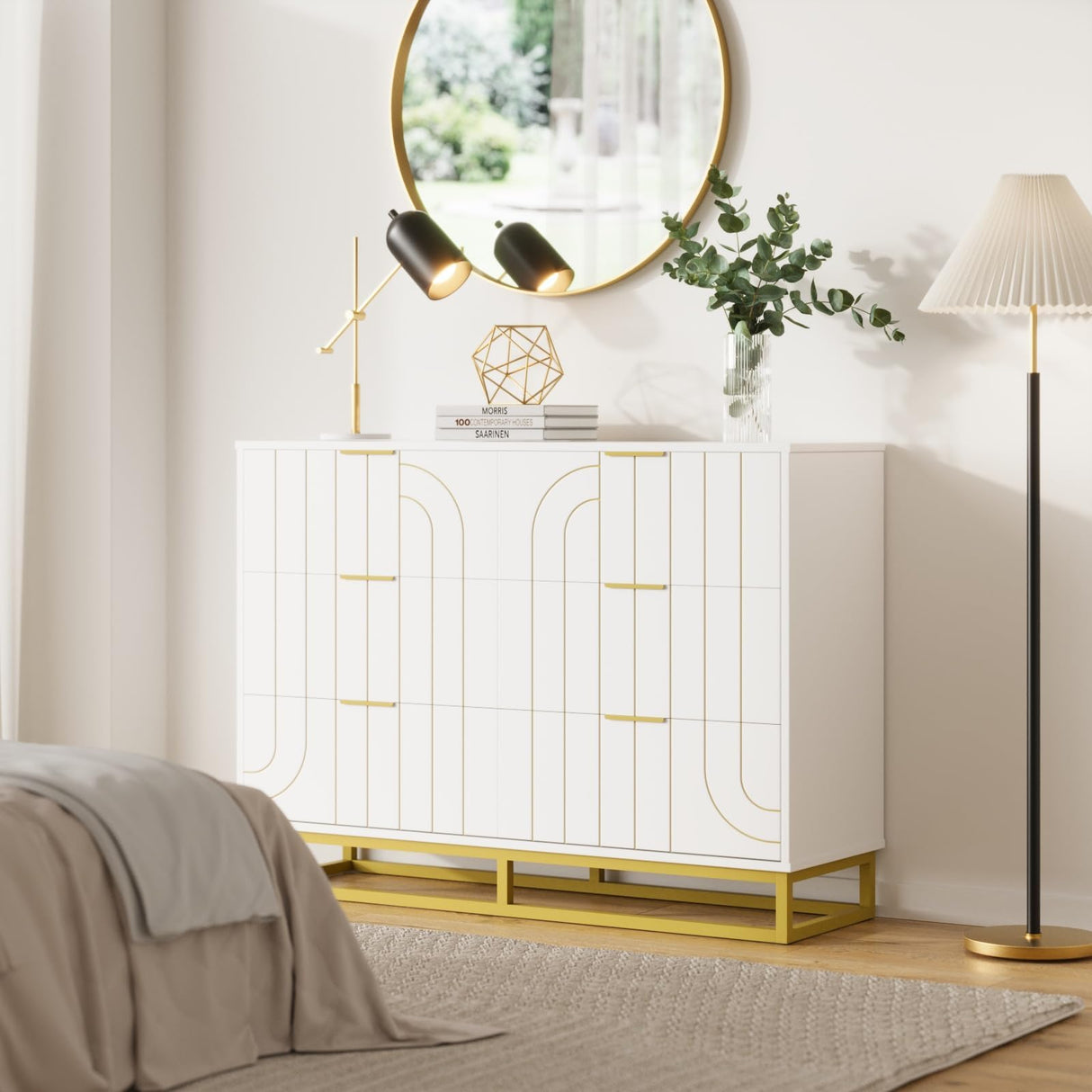 Modern 6 Drawer Dresser for Bedroom, Double TV Stand Dresser with Metal Base