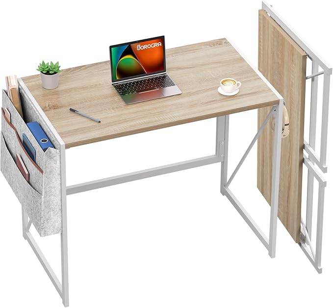 Small Folding Desk, 31.5 Inch Spaces Saving Foldable Table with Storage Pocket
