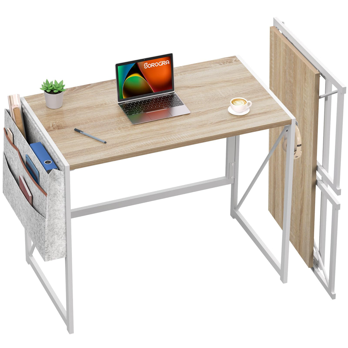 Small Folding Desk, 31.5 Inch Spaces Saving Foldable Table with Storage Pocket