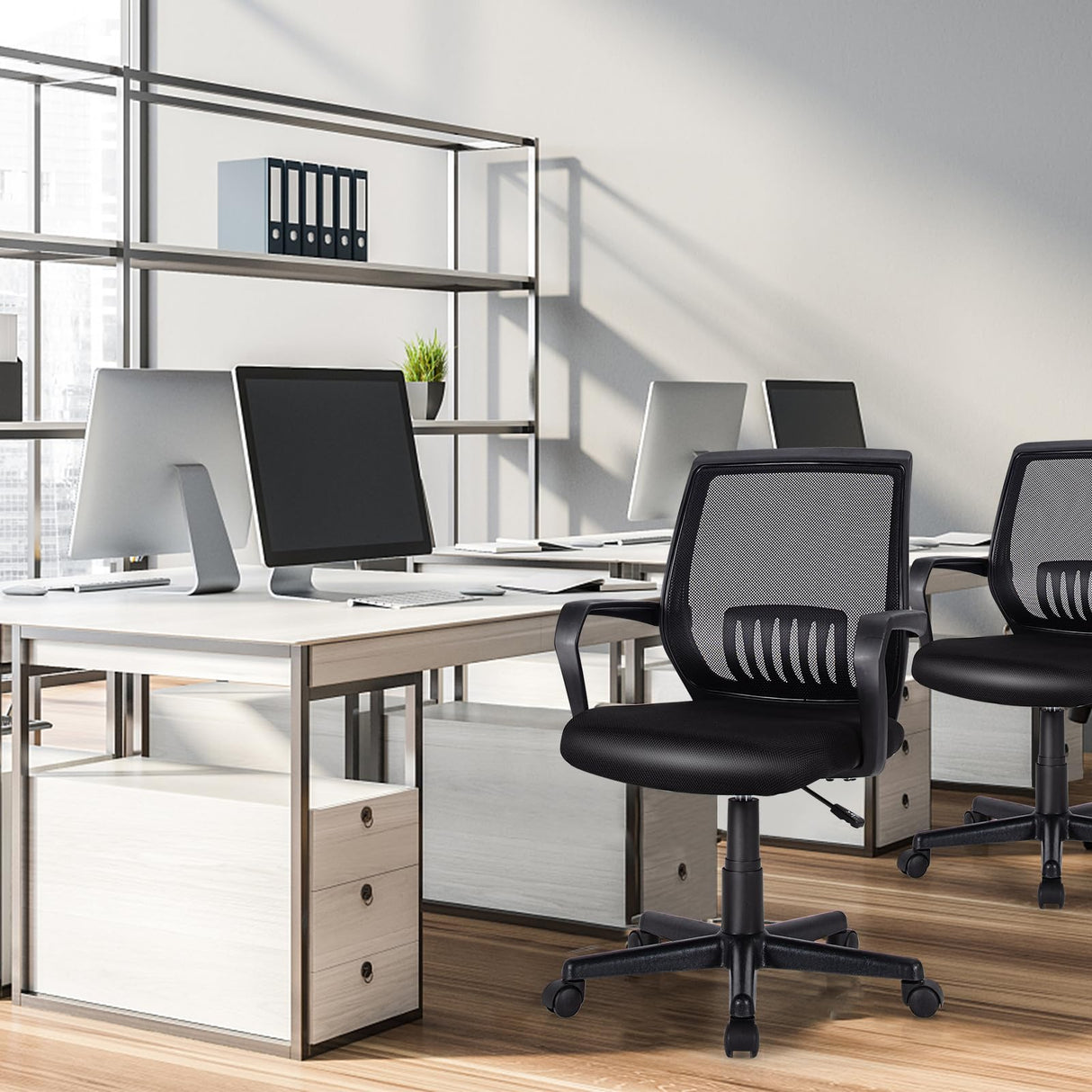 Mesh Desk Chairs with Wheels, Lumbar Support, Waterfall Seat, Height Adjustable Armrest Computer Chair, Mid Back Executive Swivel Task Chair for Women Adults, Black