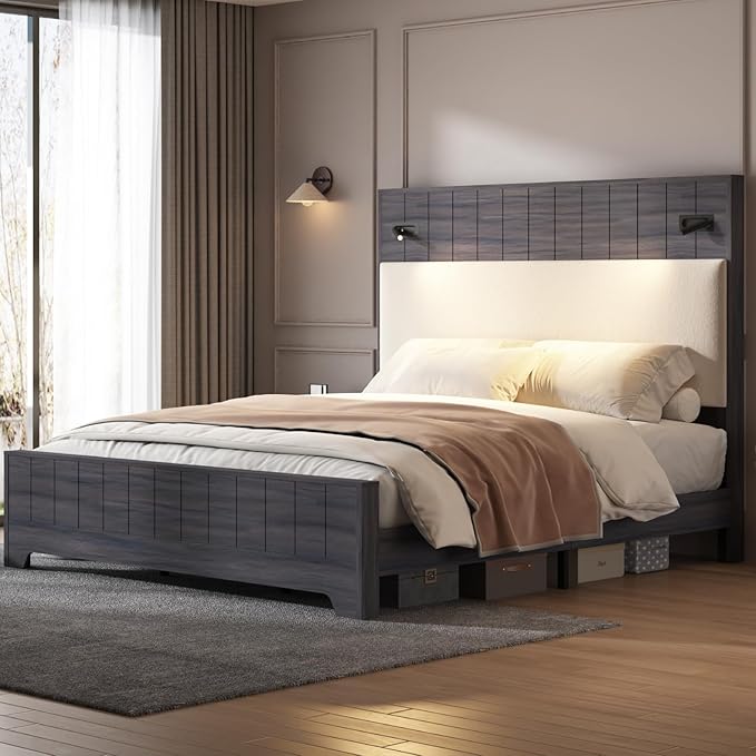 Queen Size Bed Frame with 57" Tall Headboard, Modern Platform Bed Frame