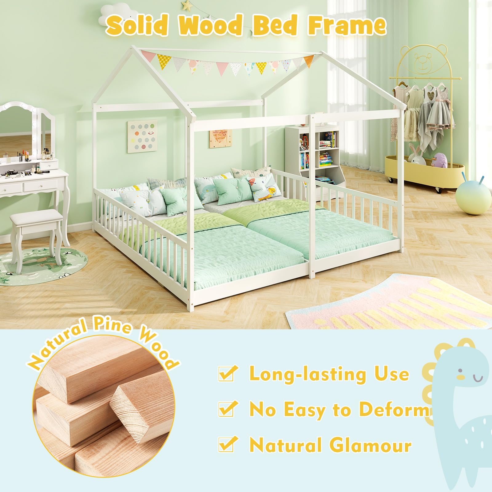 Twin Floor House Bed, House Platform Beds for 2 Kids, Double Montessori Floor Bed