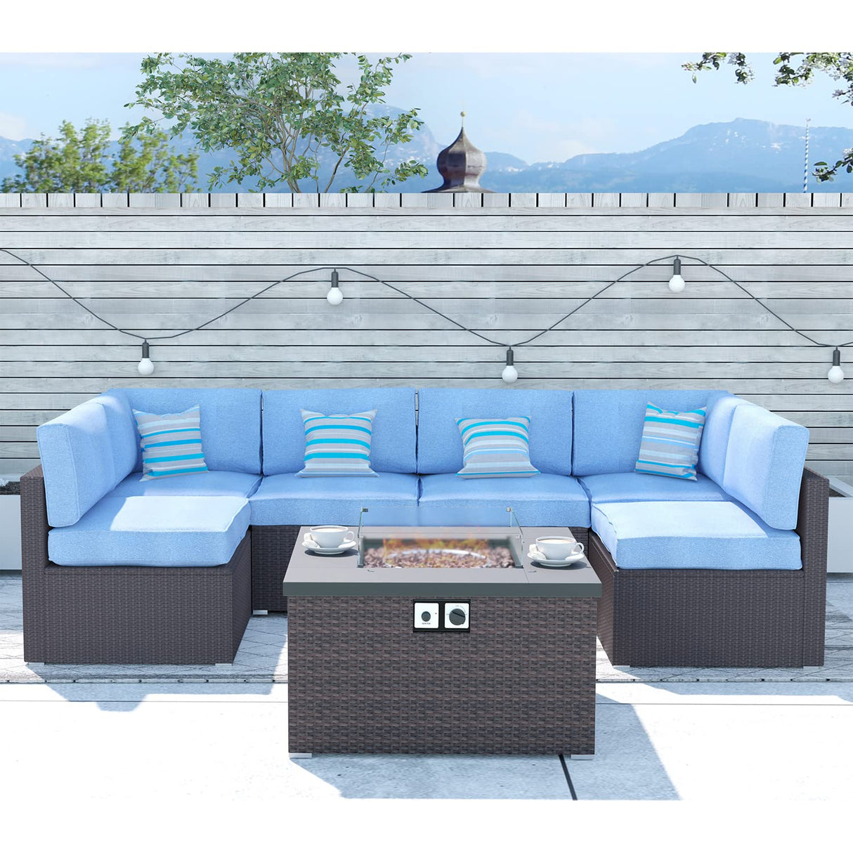 Outdoor 7 Pieces Sectional Sofa w Fire Table, Dark Brown Rattan Patio Furniture w 32-inch