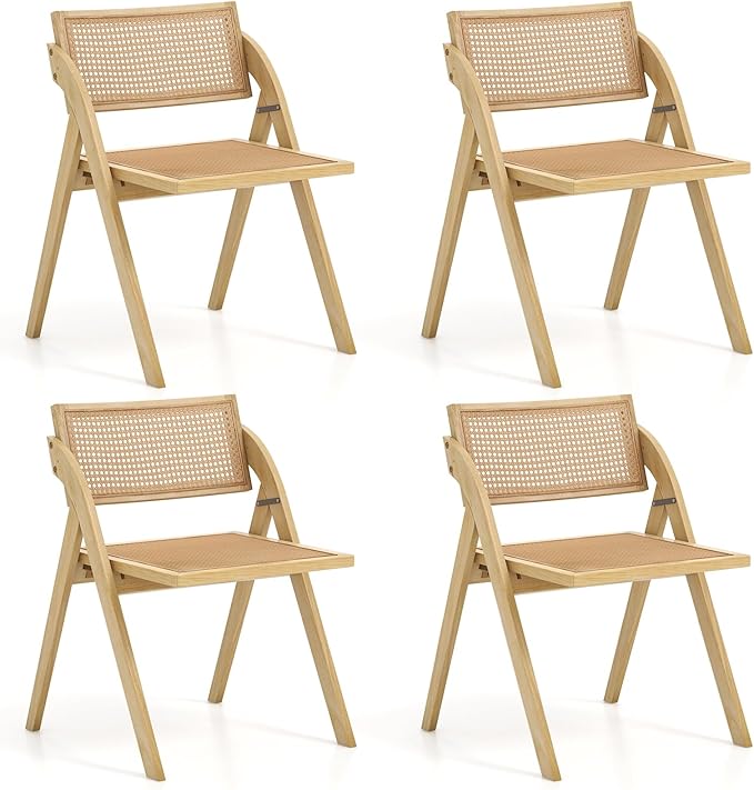 Folding Dining Chairs Set of 4, Wooden Folding Chair with Rattan Backrest & Seat