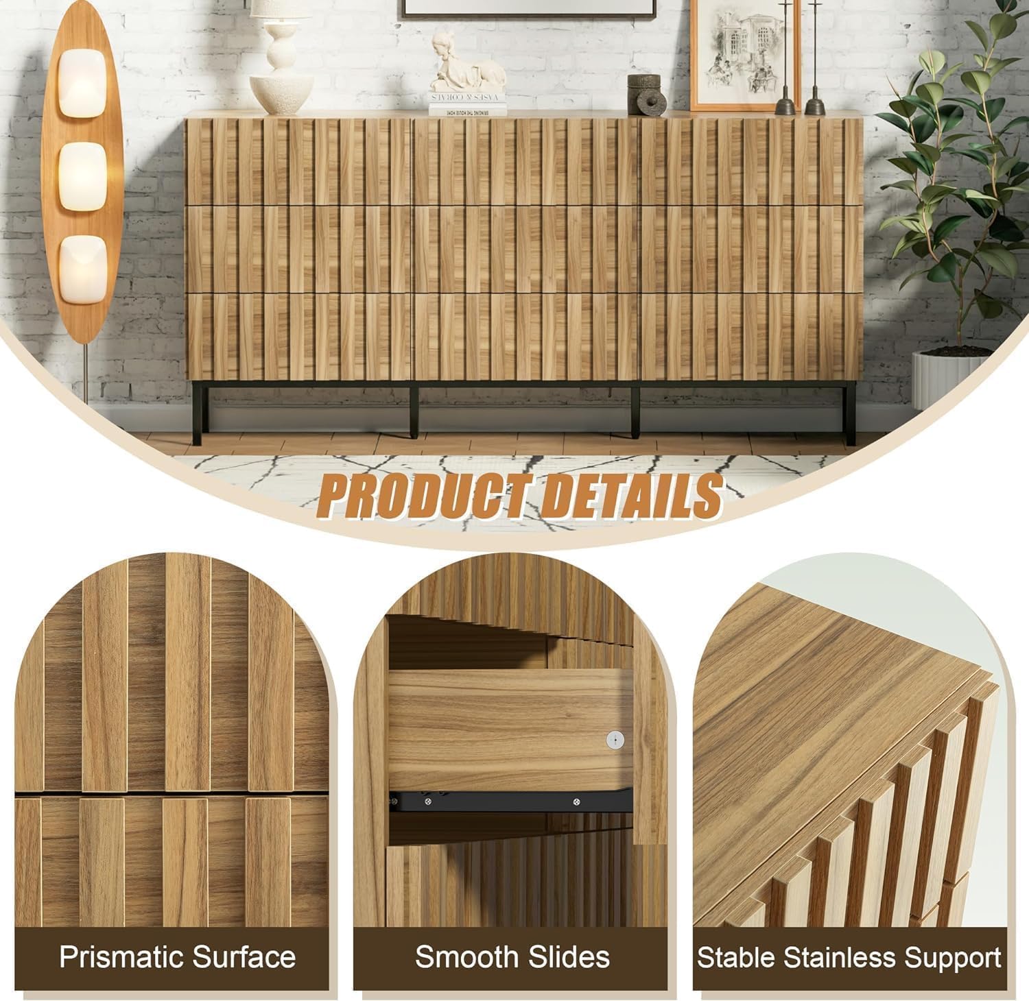 Mid Century Modern Dresser,Natural Wood Dresser for Bedroom,Fluted 9 Drawer Dresser