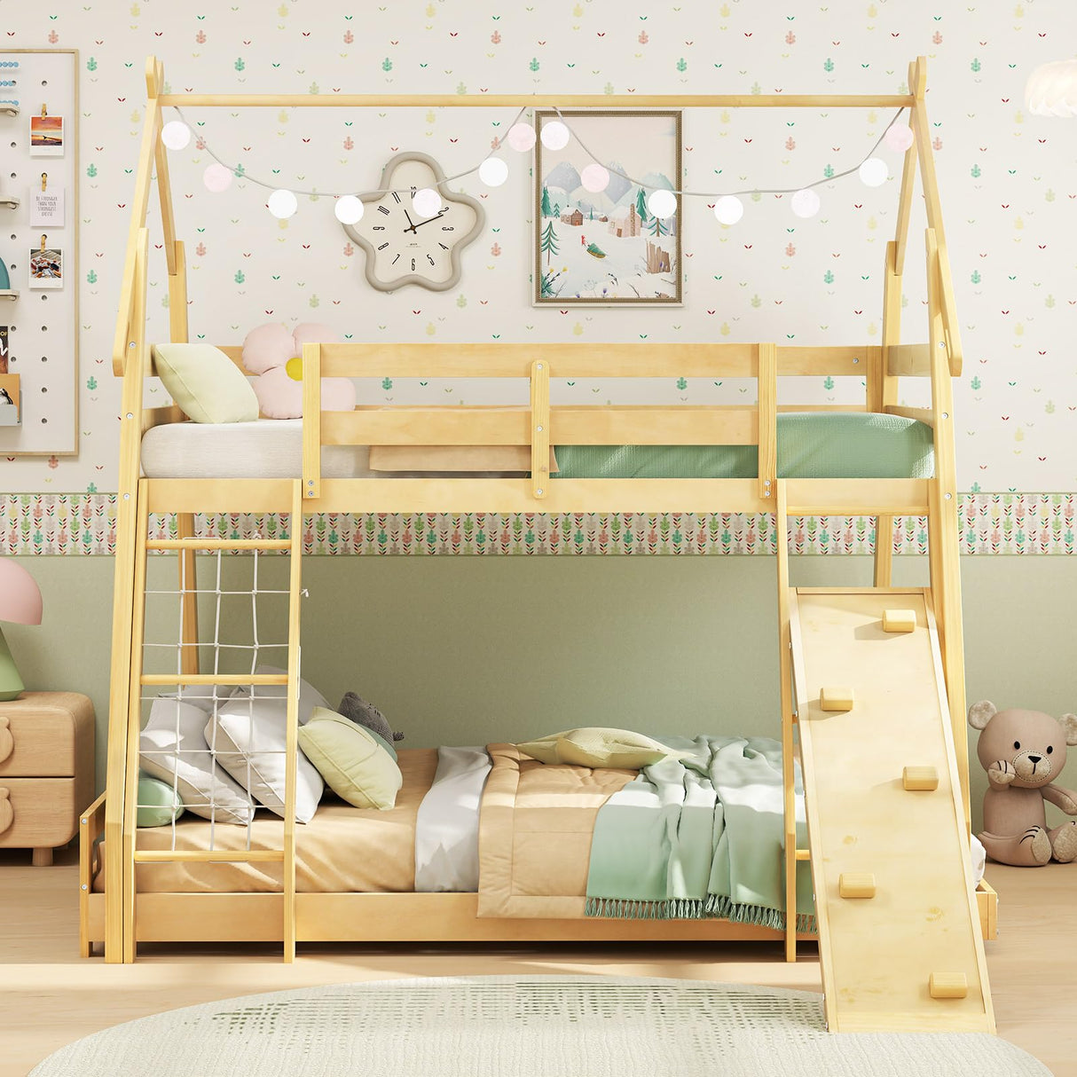 Twin Over Queen Bunk Bed, Wood House Bunk Bed for Kids with Climbing Nets and Ramp
