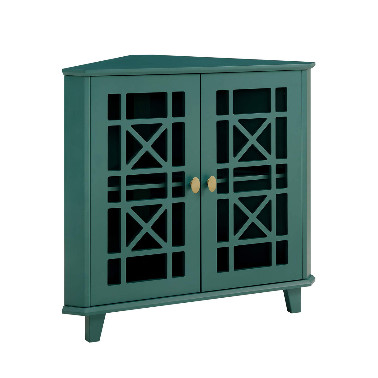 Edison Ronne 32 Inch 2 Door Corner Accent Table with Fretwork Detail - Dark Teal