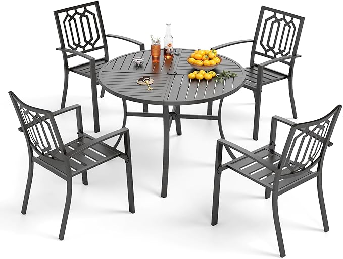 5 Piece Outdoor Dining Table Set for 4, 42” Round Steel Dining Table