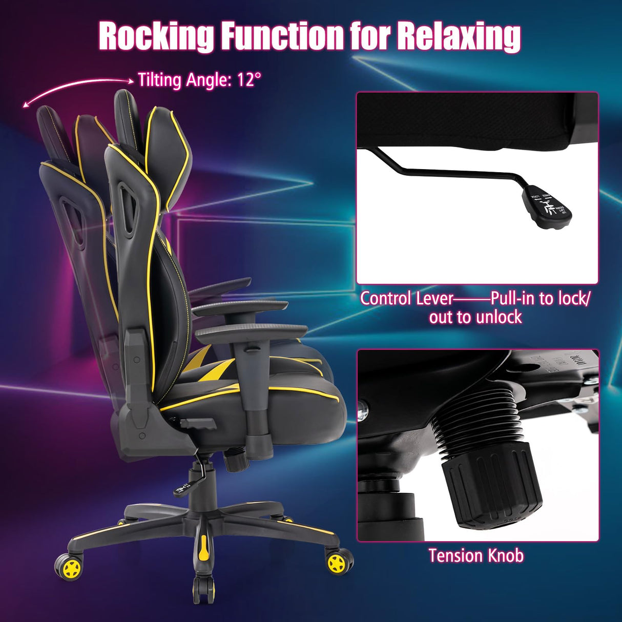 360° Swivel Gaming Chair with 2D Armrest & Rocking Function