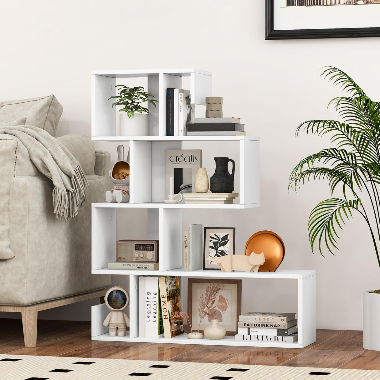 5-Tier S-Shaped Bookshelf, Geometric Bookcase w/Open Cubes, Modern Decorative Display Shelf w/Anti-Toppling Kits, Freestanding Storage Rack for Living Room, Study, Home, Office, White