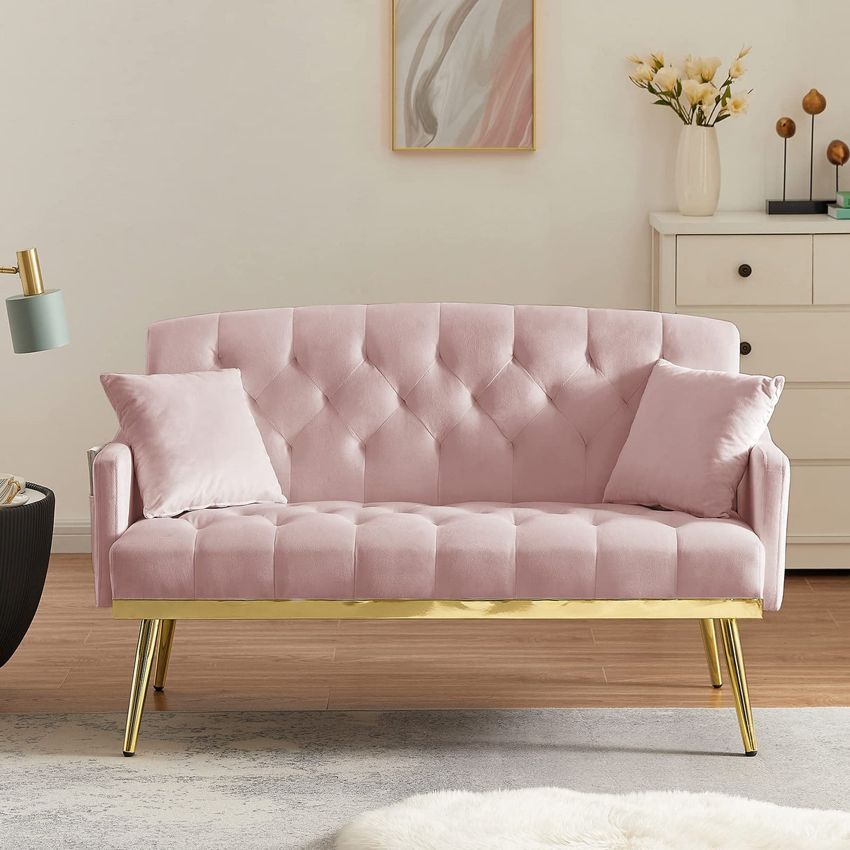 Velvet Loveseat Sofa, Modern Small Sofa Couch with Side Pocket and Golden Metal Legs