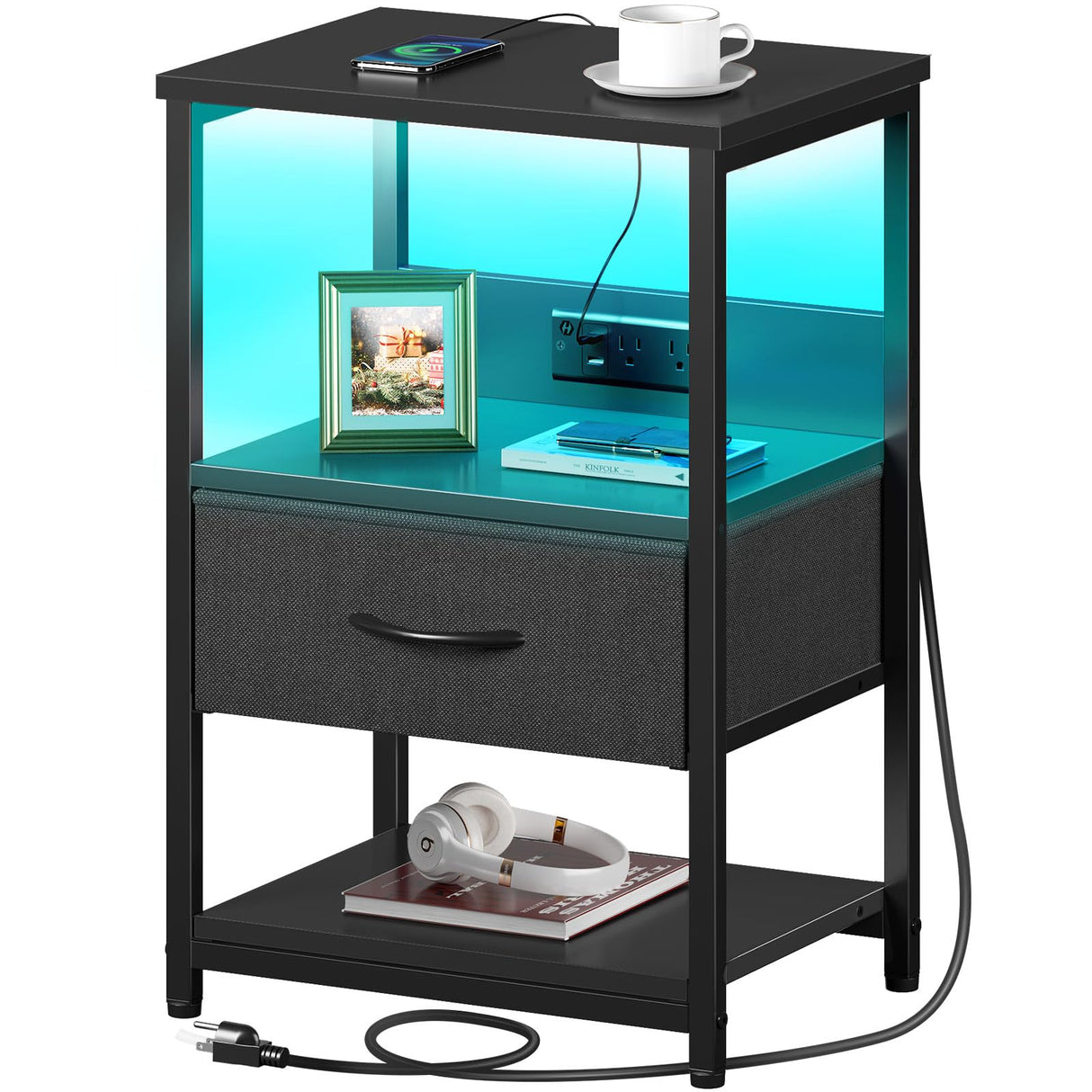 Nightstand with Charging Station, LED Bedside Table with Adjustable Fabric Drawer