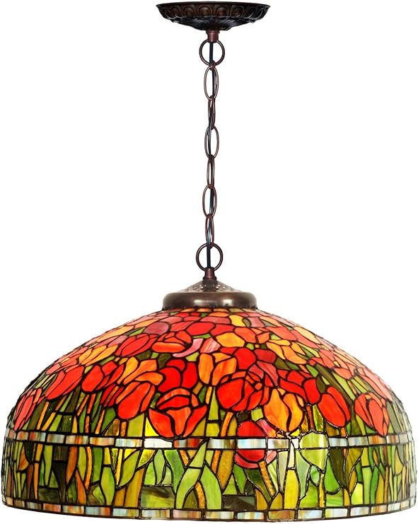 HT Tiffany Style Hanging Pendant Lamp 20 Inch Wide Red Tulip Design Stained Glass Lampshade 3 -Lights Traditional Handmade Ceiling Lamp Decor for Kitchen Restaurant Corridor Bedroom Living Room Bar