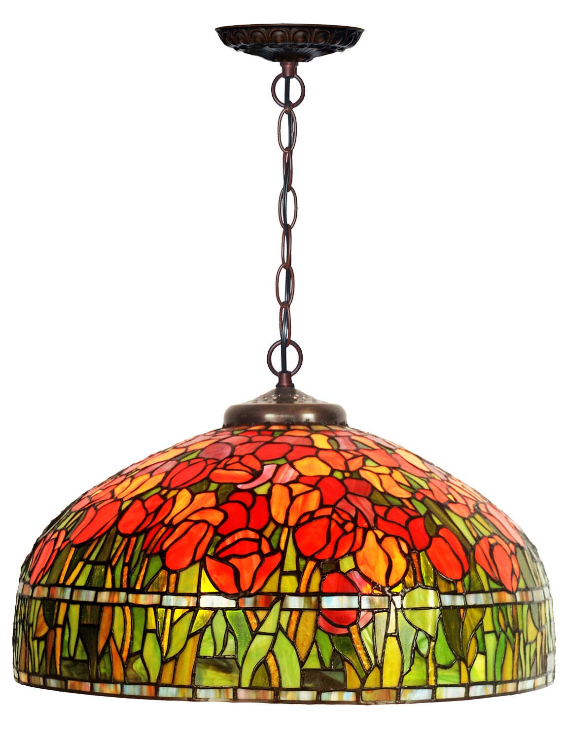 HT Tiffany Style Hanging Pendant Lamp 20 Inch Wide Red Tulip Design Stained Glass Lampshade 3 -Lights Traditional Handmade Ceiling Lamp Decor for Kitchen Restaurant Corridor Bedroom Living Room Bar