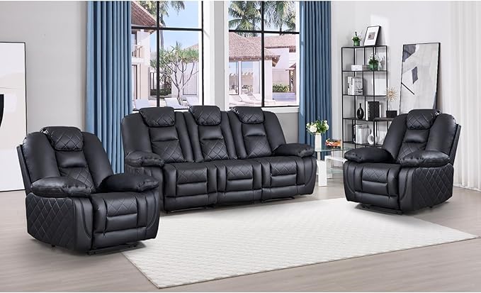 Leather Manual Reclining Sofa, 3 Seat Recliner Sofa Chair with Overstuffed Armrest and