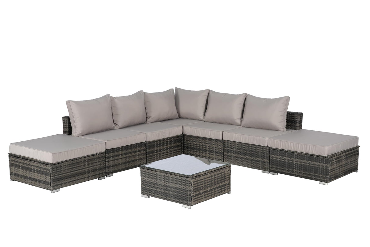 8-Piece Outdoor Patio Sectional Sofa Set with Glass Coffee Table - Light Gray Rattan