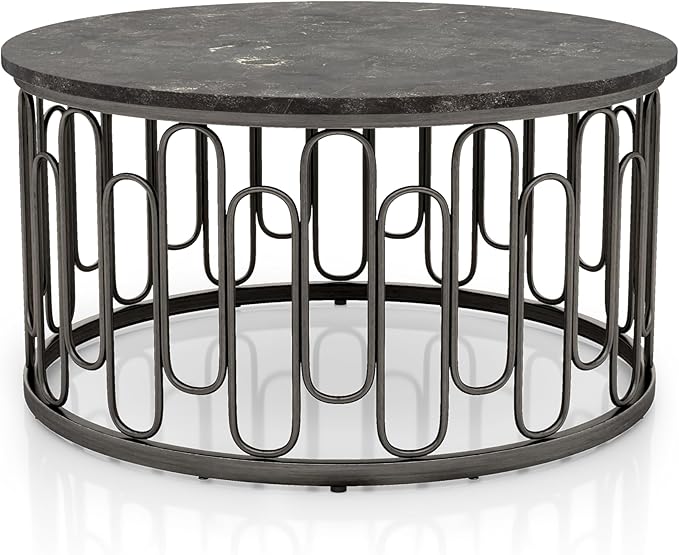 Davis Modern Round Coffee Table with Marble Top & Sturdy Metal Legs & Open Shelf for Living Room