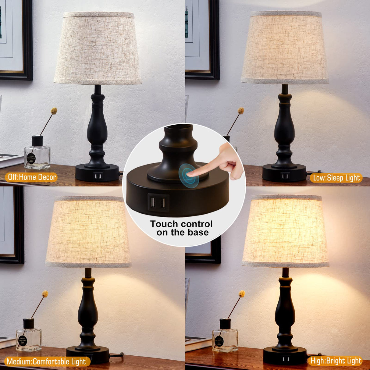 Table Lamps Set of 2, Bedside Nightstand Lamps with USB Charging Ports