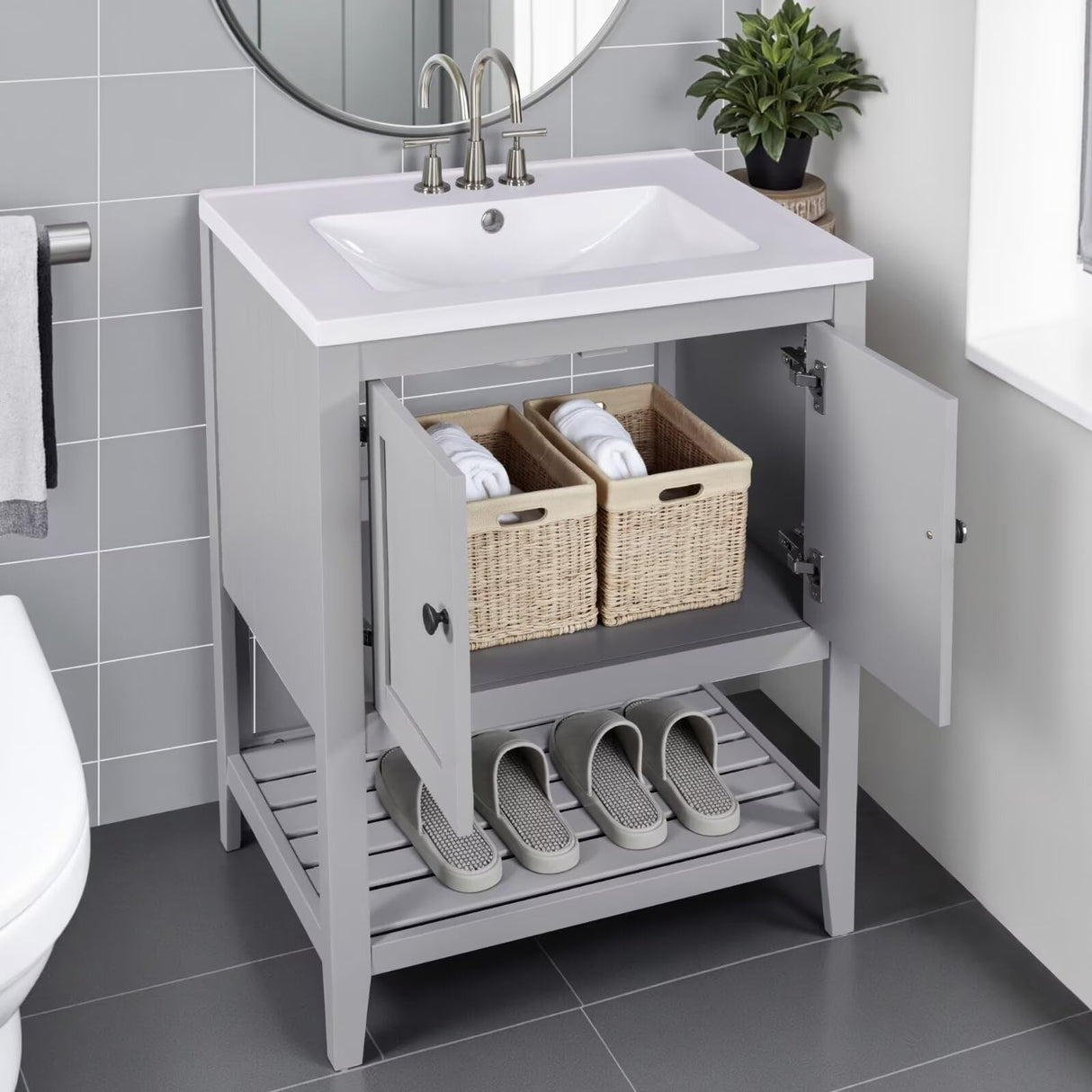 24" Bathroom Vanity with Integrated Ceramic Sink, Floor Standing Single Basin Vanity