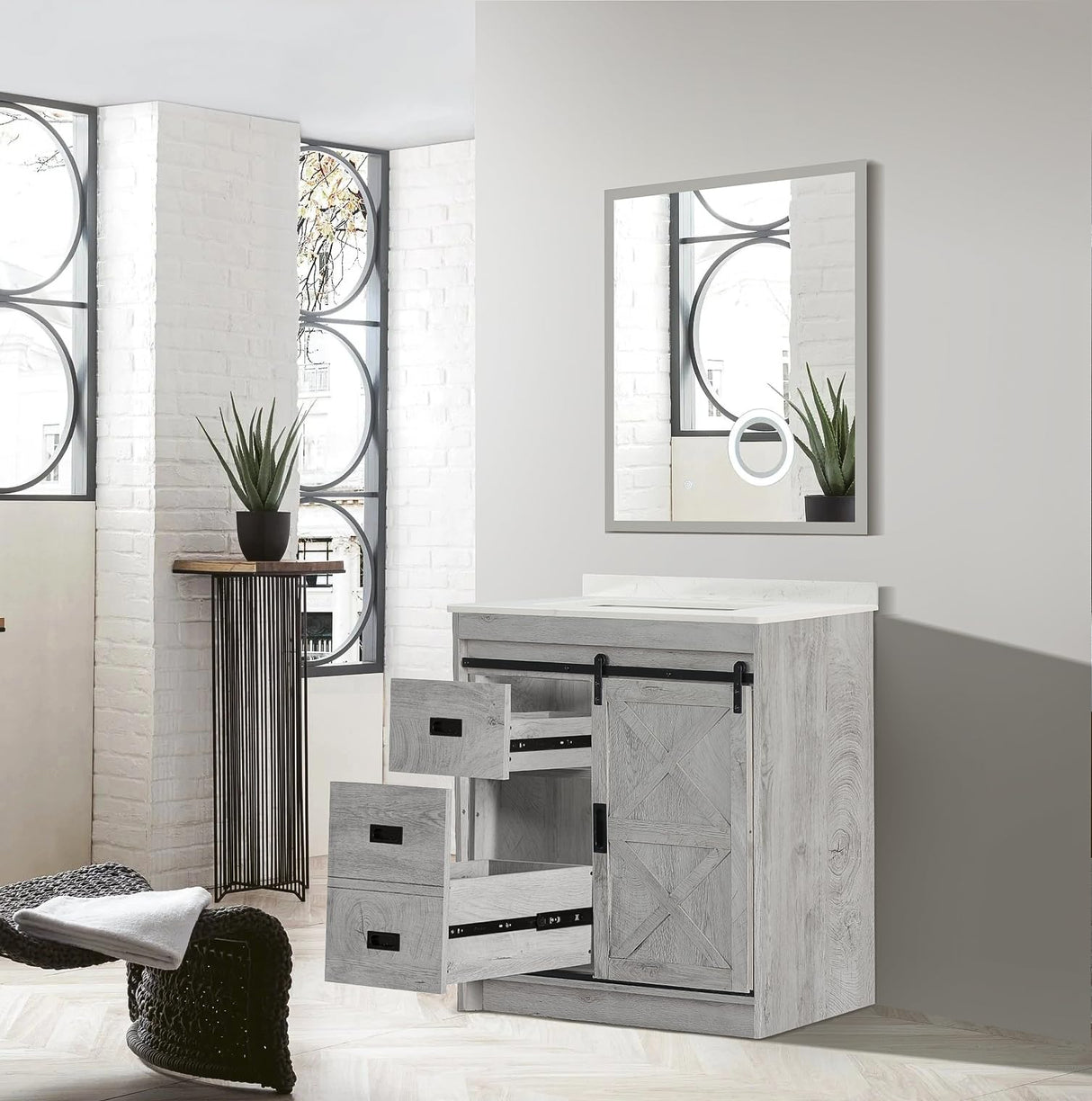 Bathroom Vanity with Sink, Solid Wood Vanity Cabinet with Carrara Marble Stone Top