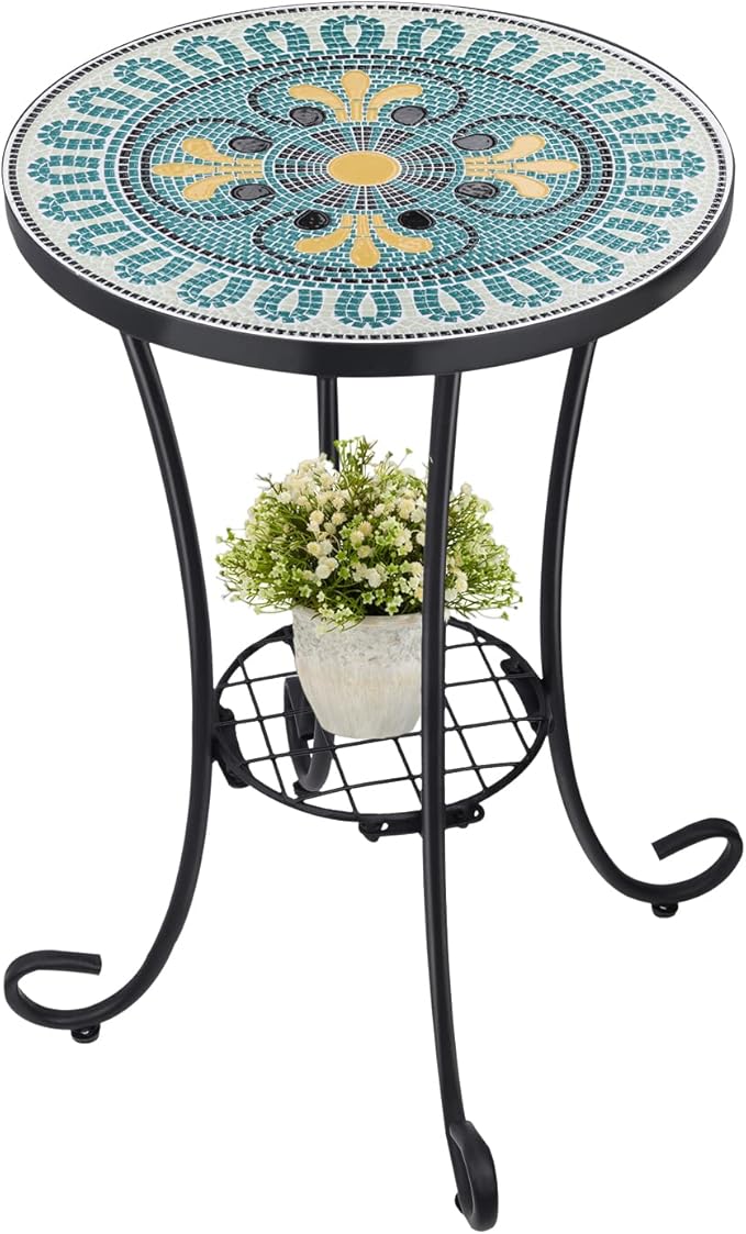 Outdoor Side Table Mosaic Patio Table Accent Tables Mosaic Tile Top Metal Frame Small