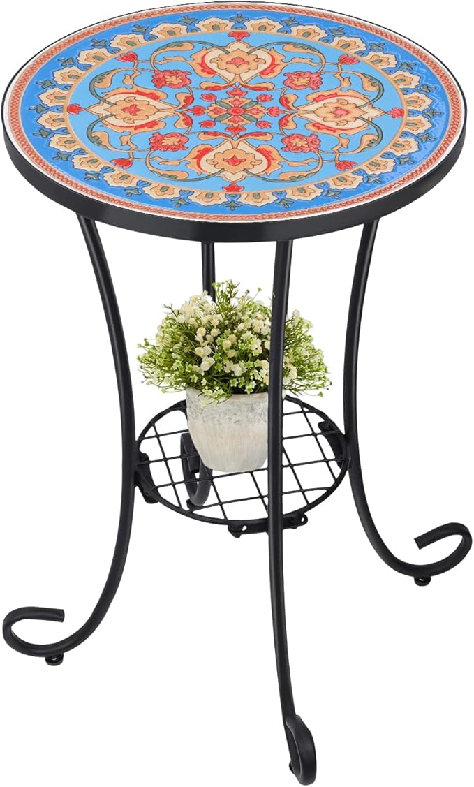 Outdoor Side Table Mosaic Patio Table Accent Tables Mosaic Tile Top Metal Frame Small