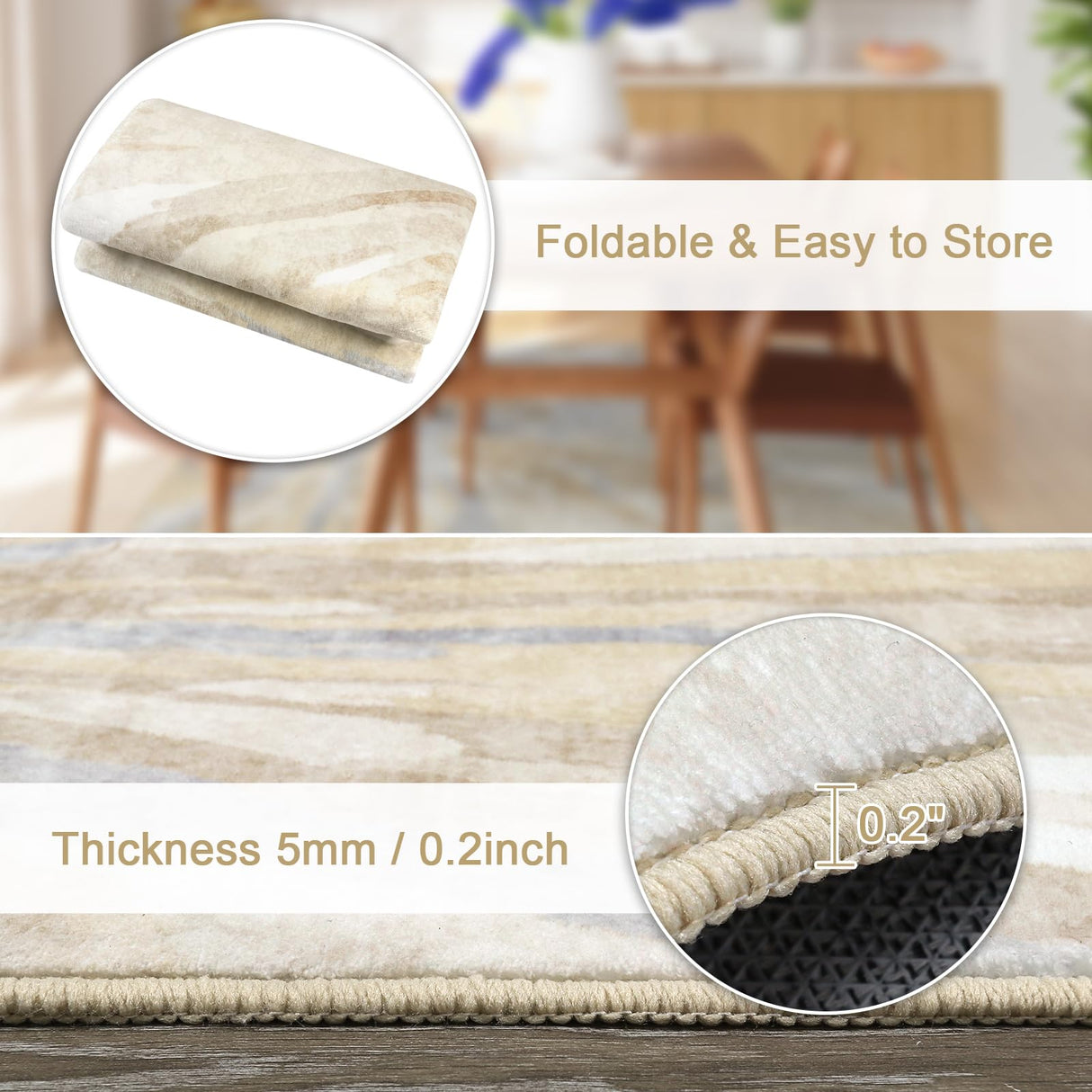 Neutral Abstract 5x7 Area Rug for Bedroom, Soft Low-Pile Faux Wool Living Room Carpet