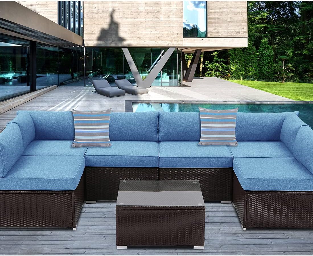 Outdoor 7 Pieces Patio Sofa Set, All-Weather Chocolate Brown Wicker Sectional
