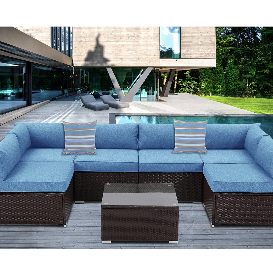 Outdoor 7 Pieces Patio Sofa Set, All-Weather Chocolate Brown Wicker Sectional