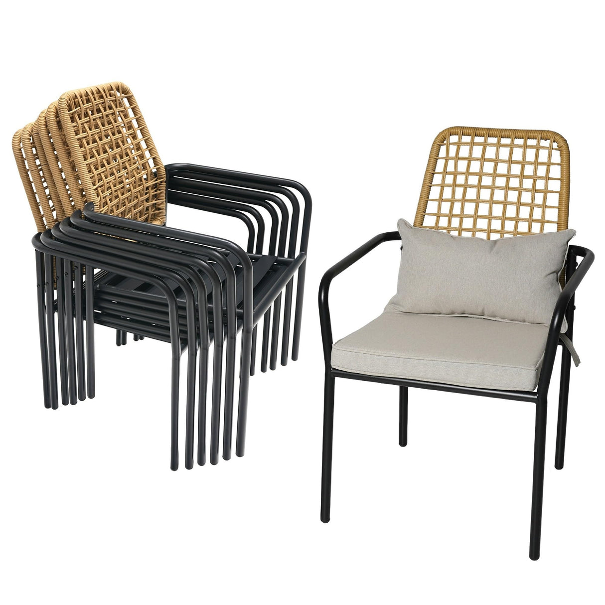 Stackable Rattan Patio Dining Chairs and and Rectangle Table Set of 6 with 63"x38" Wood-Like Table