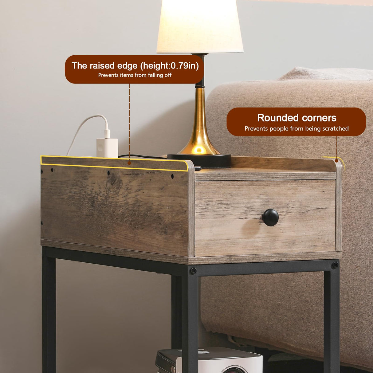 Narrow Side Table, End Tables Living Room Set of 2, Slim Nightstand with Charging Station