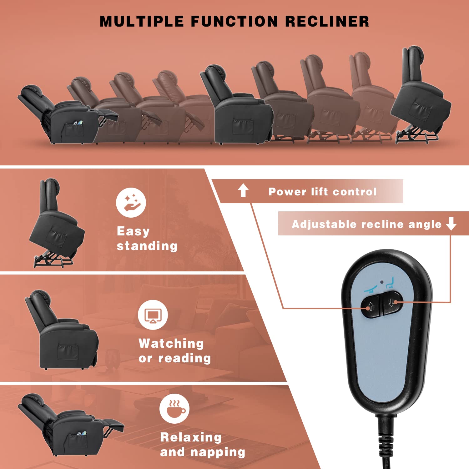 Power Lift Recliner Chair with Massage and Heating Functions, PU Leather Sofa