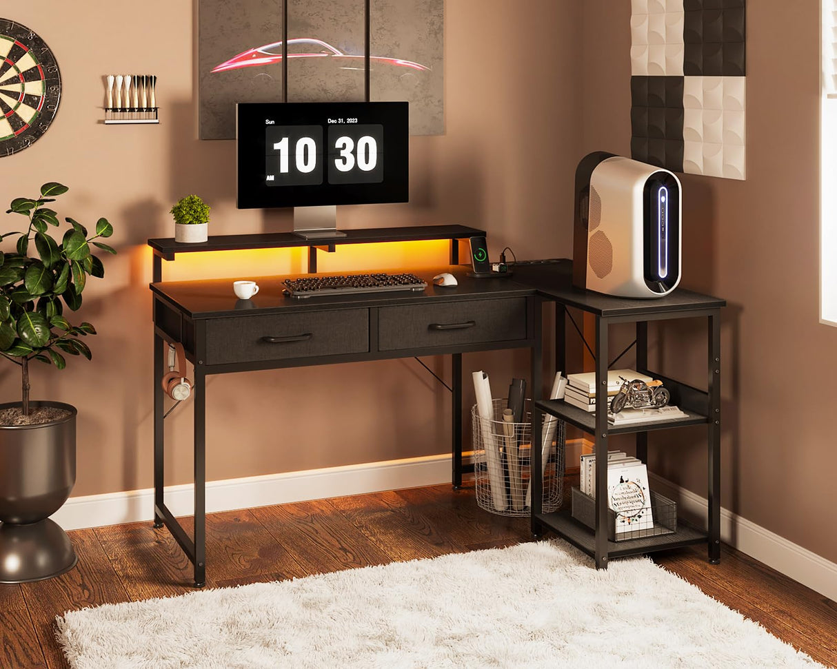 40 Inch L Shaped Gaming Desk with 2 Drawers & Storage Shelves, Computer Desk