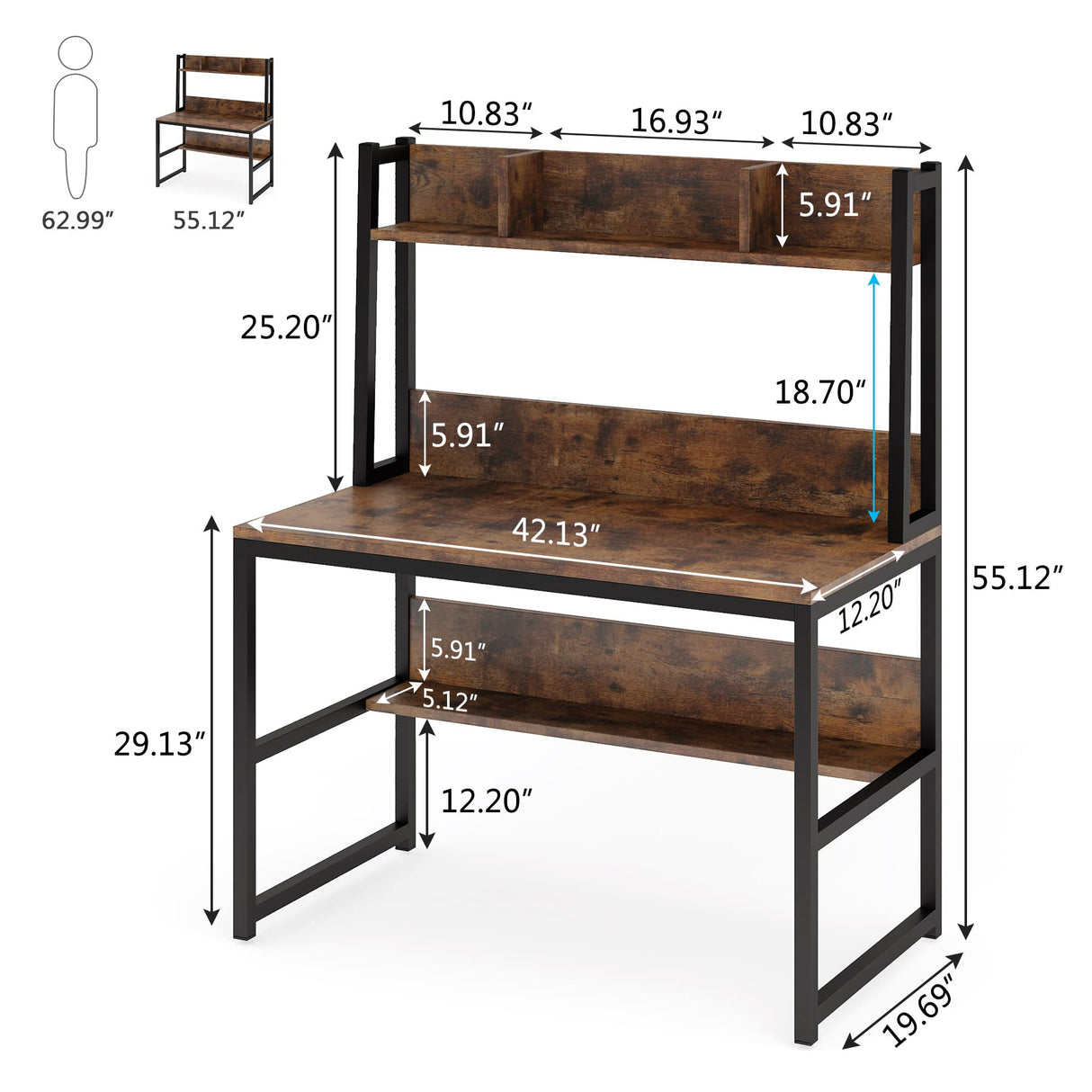 Computer Desk with Hutch, Wooden Small 42-inch Desk, Industrial Simple Office Desk with Storage Space for Home Office