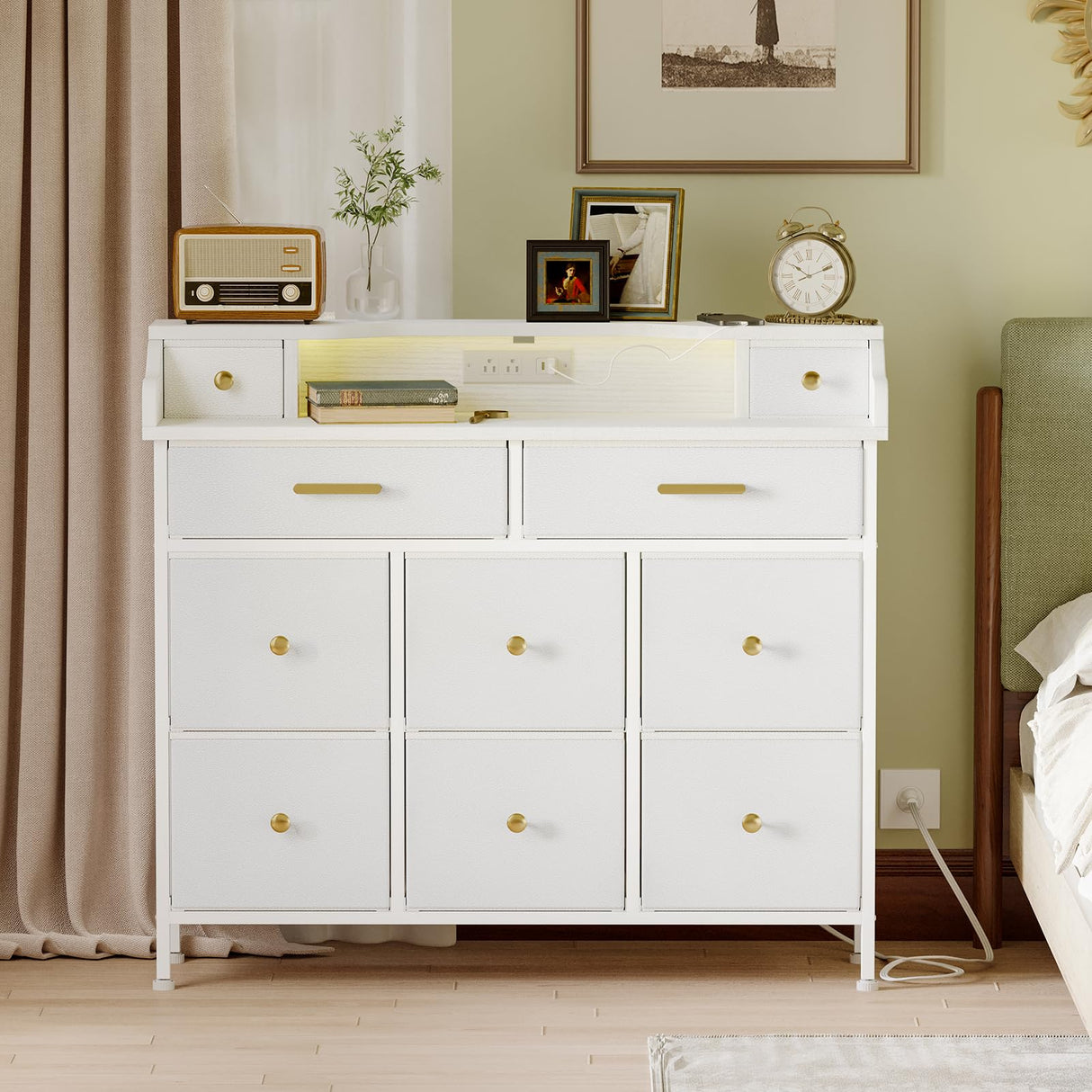 White Dresser for Bedroom with 10 Drawers, Fabric Chest of Drawers for Kids
