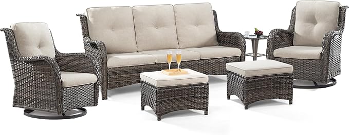 5 Piece Outdoor Patio Furniture Set Wicker Conversation Bistro Set Swivel Rocking Chairs with Side Table and Ottomans for Backyard, Porch, Deck(Mixed Grey/Orange)